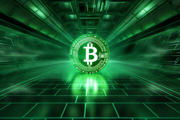 Crypto currency Bitcoin (BTC): Bitcoin golden coins on a chart, Blockchain technology, bitcoin mining concept, green matrix background - obrazy, fototapety, plakaty