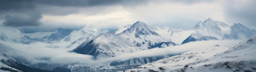 Fototapeta na wymiar a range of snowy peaks with clouds Generative AI