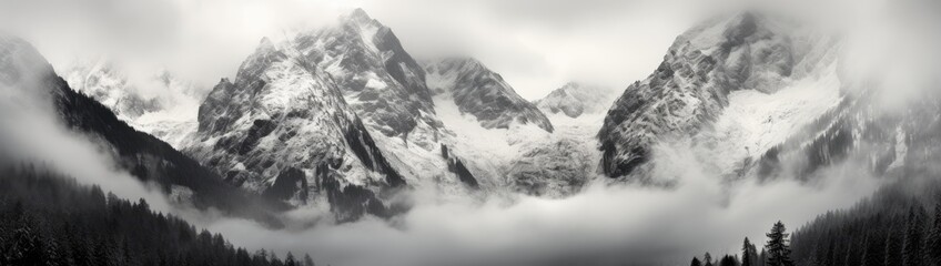 Fototapeta na wymiar a wide shot of snow covered mountains in the alps with storm clouds Generative AI