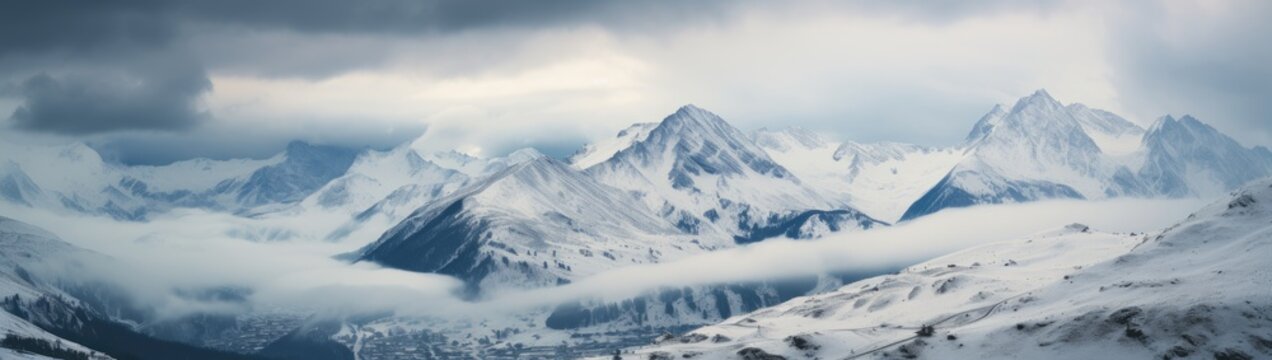a range of snowy peaks with clouds Generative AI © sean