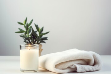 spa composition of white towel, candle and green plant on white background