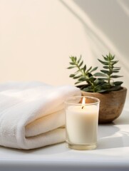 spa composition of white towel, candle and green plant on white background