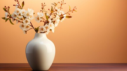 a white vase has flowers in it on a wooden surface
