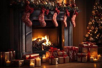 Fototapeta na wymiar Gifts in a festive interior. Merry christmas and happy new year concept