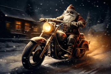 Foto op Plexiglas Scooter Santa Claus riding a motorcycle. Merry christmas and happy new year concept