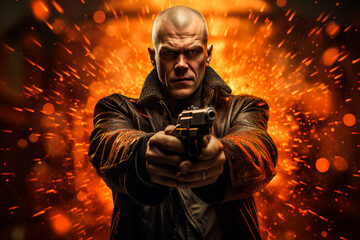 A bald man holds a gun in his hand against the background of shots and flames. Abstract scary background