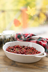 Dried rose hips on the windowsill against the backdrop of an autumn landscape