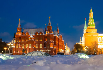 State Historical Museum and Kremlin on the Manezhnaya Square in the winter evening, Moscow, Russia