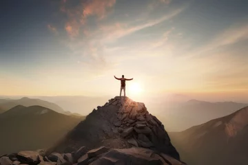  A man triumphantly embracing the beauty of nature from the summit of a majestic mountain © Marius