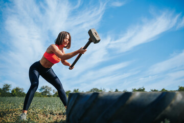 Cross fit Power Muscular Woman Exerts Strength, Hitting Rubber Tire with Sledgehammer. Fitness Woman Exerts Power Tire Hitting in Cross fit Training Session Outdoors