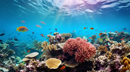 Naklejka na ściany i meble An_underwater_view_with_corals_and_fish_in_the_sea