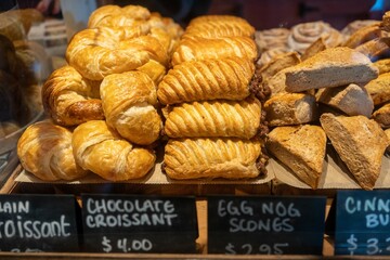 Closeup shot of baked sweets on display in a bakery, with their names and prices visible