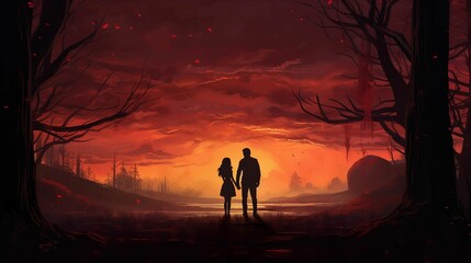 Silhouette of a couple in the woods admiring a beautiful red sky at sunset, AI-generated.