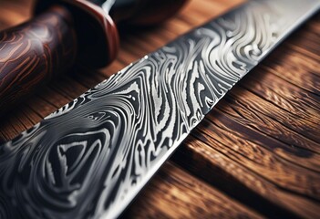 Ornate knife with a Damascus Steel blade lying on a wooden cutting board - obrazy, fototapety, plakaty
