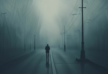 Lone figure walking down a street shrouded in fog, AI-generated. - obrazy, fototapety, plakaty