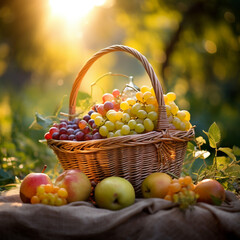 Basket with grapes against the backdrop of an orchard in the rays of the setting sun