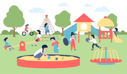 Children play outdoor on backyard playground. City park summer activity, kids walking and playing. Cartoon flat recent vector characters