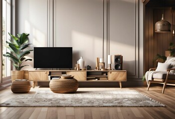 AI generated illustration of a contemporary living room with wooden floors