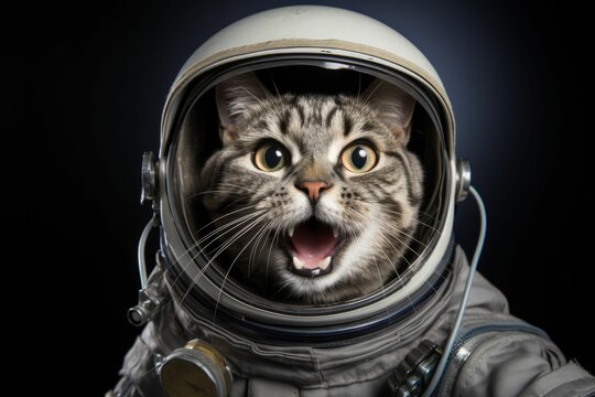a cat is wearing an astronaut outfit on a black background
