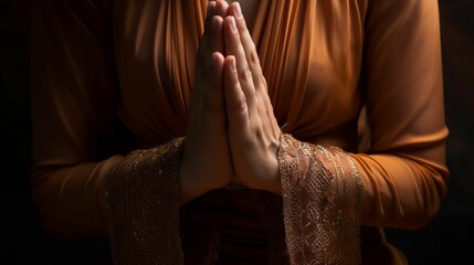 AI generated illustration of a female in a brown dress praying with her hands clasped together