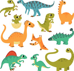 Dino funny characters, dinosaur cartoon elements. Pterodactyl and t-rex, adorable dinos. Prehistoric simpre wild animals classy vector clipart