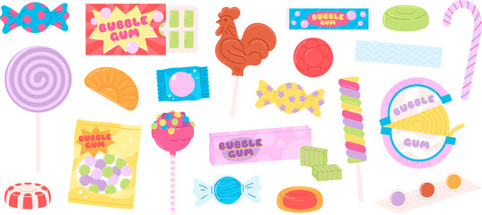 Lollipops and bubble gum, cartoon sweet candies. Isolated chewing gums pack and sticky. Holiday kids jelly candy, sweets racy vector set