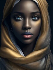 Naklejka premium AI generated illustration of an African woman with blue eyes, golden headscarf with glitter