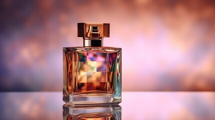 AI generated illustration of a pink square-shaped bottle of perfume on a vibrant background - obrazy, fototapety, plakaty