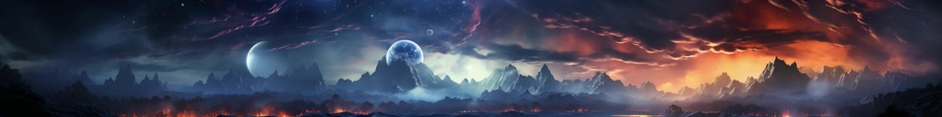 AI generated illustration of a panoramic view of mountains, illuminated by a night sky with planets