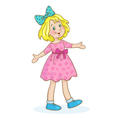 Kids toys. Сute beautiful doll in a pink dress. In cartoon style. Isolated on white background. Vector illustration.