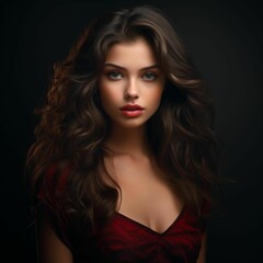 Obraz premium a beautiful young woman with long, flowing hair looking into the camera with a soft expression