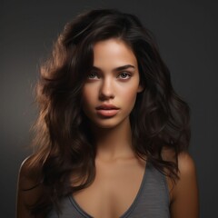 Fototapeta premium a beautiful young woman with long, flowing hair looking into the camera with a soft expression