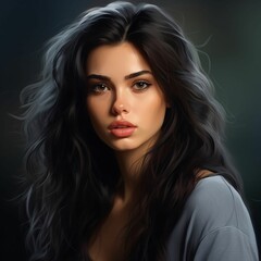 Naklejka premium a beautiful young woman with long, flowing hair looking into the camera with a soft expression