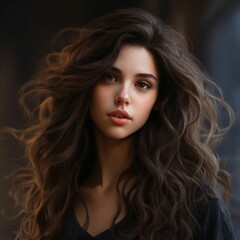 Fototapeta premium a beautiful young woman with long, flowing hair looking into the camera with a soft expression