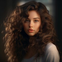 Naklejka premium a beautiful young woman with long, flowing hair looking into the camera with a soft expression