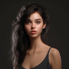 Fototapeta premium a beautiful young woman with long, flowing hair looking into the camera with a soft expression