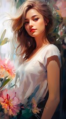 AI generated illustration of a young woman surrounded by vibrant flowers in watercolor