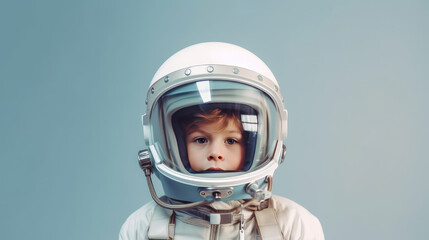 Portrait of an 8 years old boy wearing an astronaut helmet isolated on flat blue background with copy space. Creative concept of imagination, dreams of future profession.