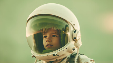 Portrait of an 8 years old boy wearing an astronaut helmet isolated on flat green background with copy space. Creative concept of imagination, dreams of future profession.