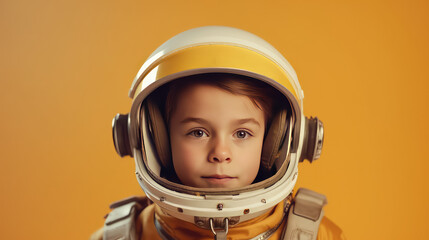 Portrait of an 8 years old boy wearing an astronaut helmet isolated on flat orange background with copy space. Creative concept of imagination, dreams of future profession.