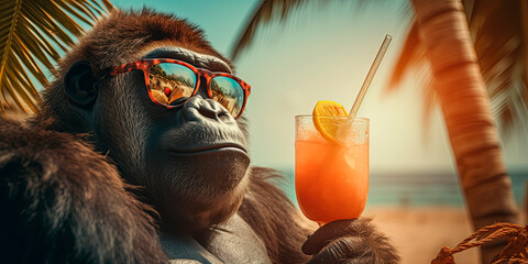  A gorilla in sunglasses and glasses with a cocktail on a tropical beach - obrazy, fototapety, plakaty