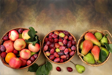 Apples, pears and plums in baskets on a sunny wooden table, thanksgiving background, village...