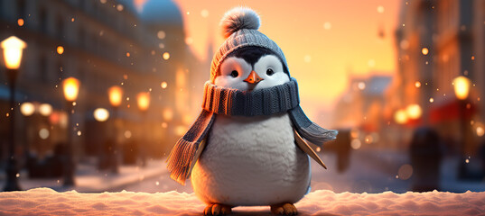  a penguin in a warm hat and scarf, standing in the snow, setting in the sun in winter. - obrazy, fototapety, plakaty