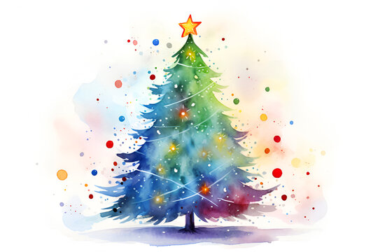 Watercolor Christmas Tree Silhouette With Garlands, Magic Lights and Splashes Isolated on White Background: AI Generated
