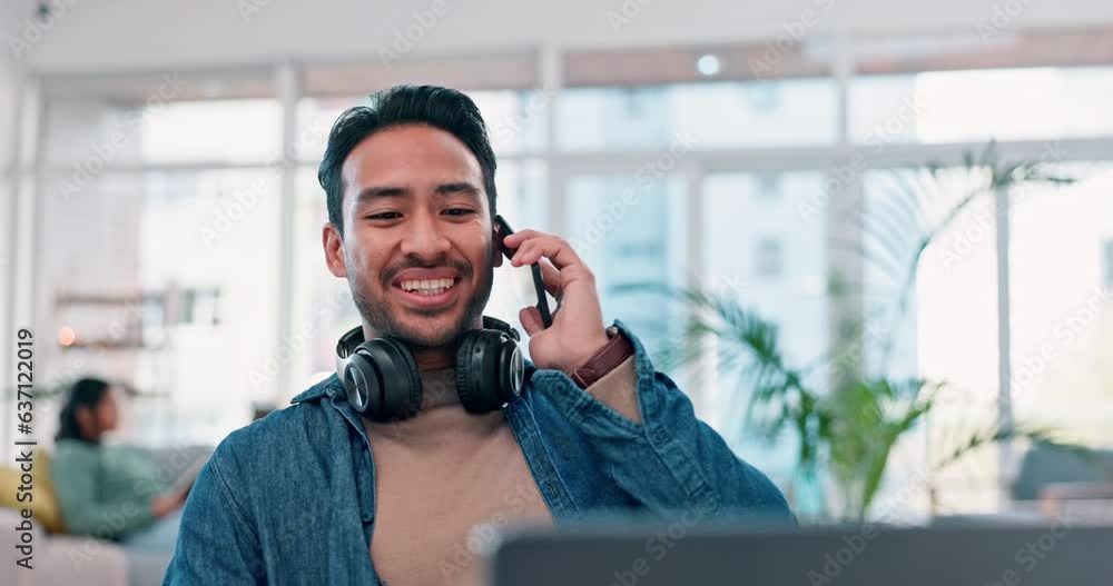 Poster happy man, phone call and home communication, funny conversation and networking for marketing opport