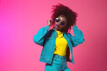Tuinposter A young woman confidently exuding modern fashion against a bold pink background, her trendy african hairstyle and stylish attire harmonizing with her expressive gaze © Andrii Zastrozhnov