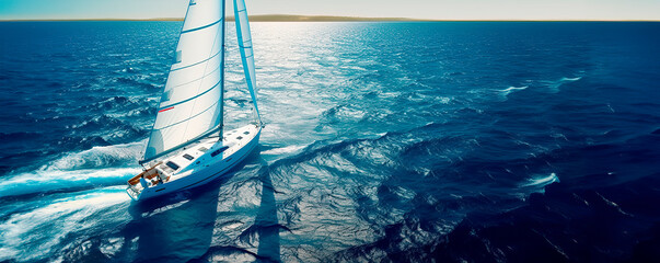 Regatta of sailing ships with white sails on the high seas. Aerial view of a sailboat in a windy state.   © Александр Марченко