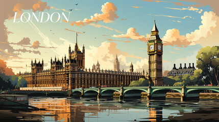 London Landmarks in Summer: Big Ben, Parliament, Westminster Bridge