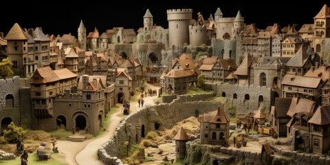 illustration of a diorama of a tiny medieval city, generative AI