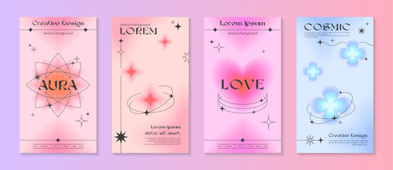 Vector insta story gradient templates with linear shapes,heart,blurred sparkles,copy space for text in 90s style.Smm banners in y2k aesthetic.Designs for social media marketing,branding,packaging